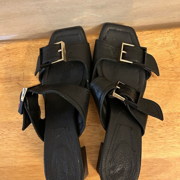 Napoleoni Leather Sandals:
 Black Slide Sandals with Adjustable Buckle Straps - Picture 2 of 7